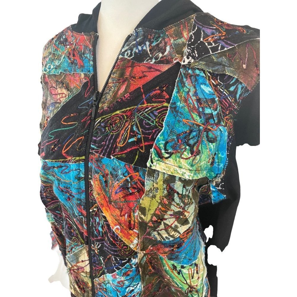 Chico’s Vibrant Patchwork Black Hooded Jacket Sz S - image 3